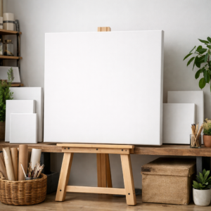 Handmade premium white canvas stretched on eco-friendly wooden frame in an artist studio