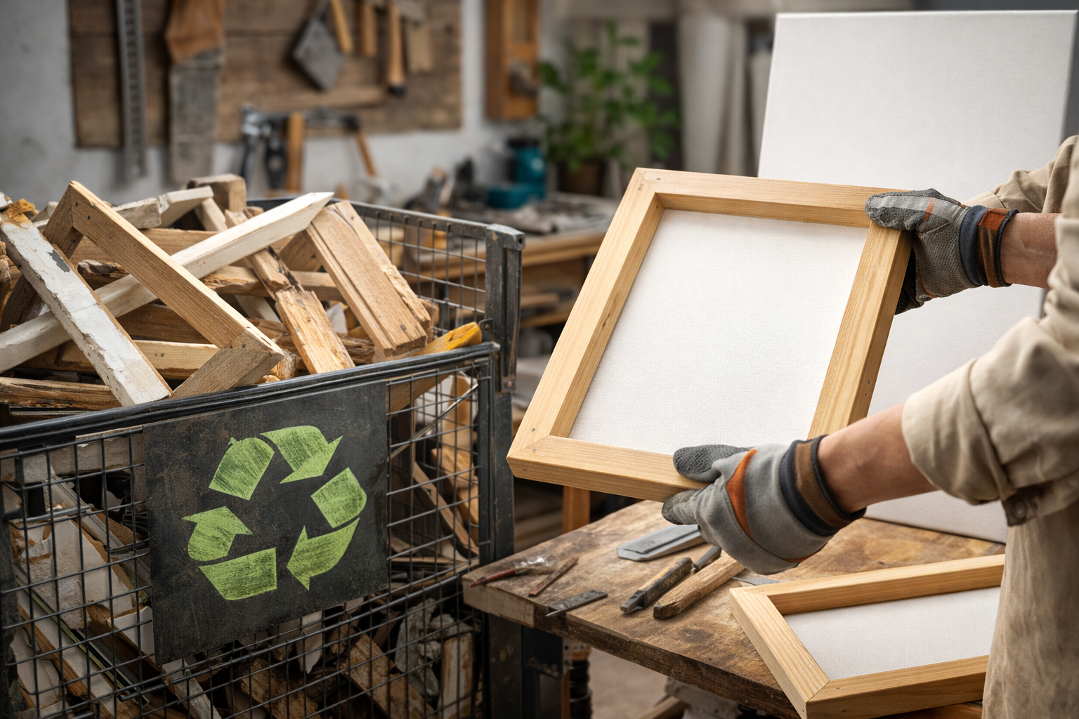 Recycling old wooden canvas frames into new eco-friendly handmade canvases at ARTEVU workshop