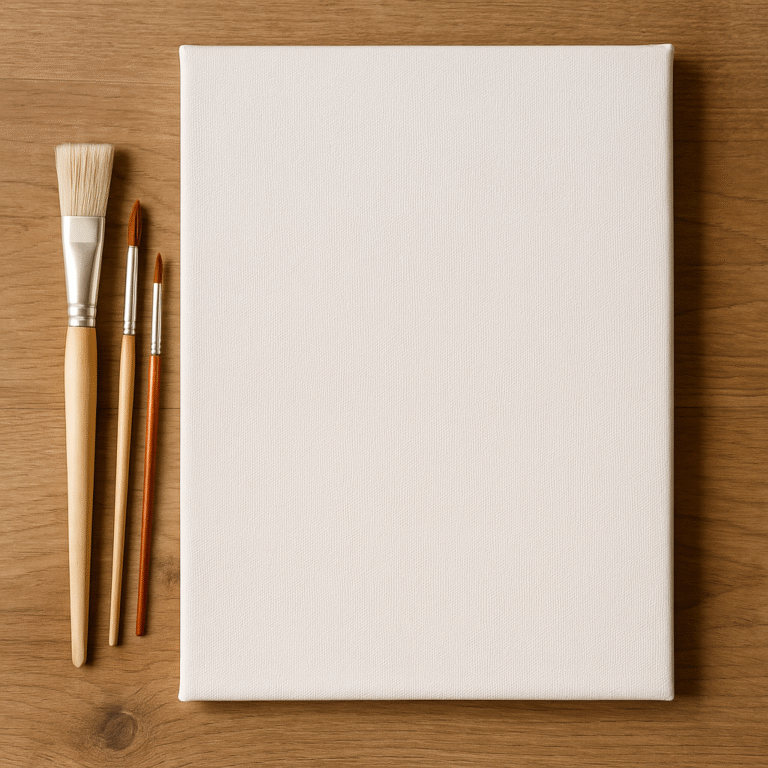 Set of four handmade canvases with different fabric textures, including one black canvas, hanging on a wall in a modern art studio