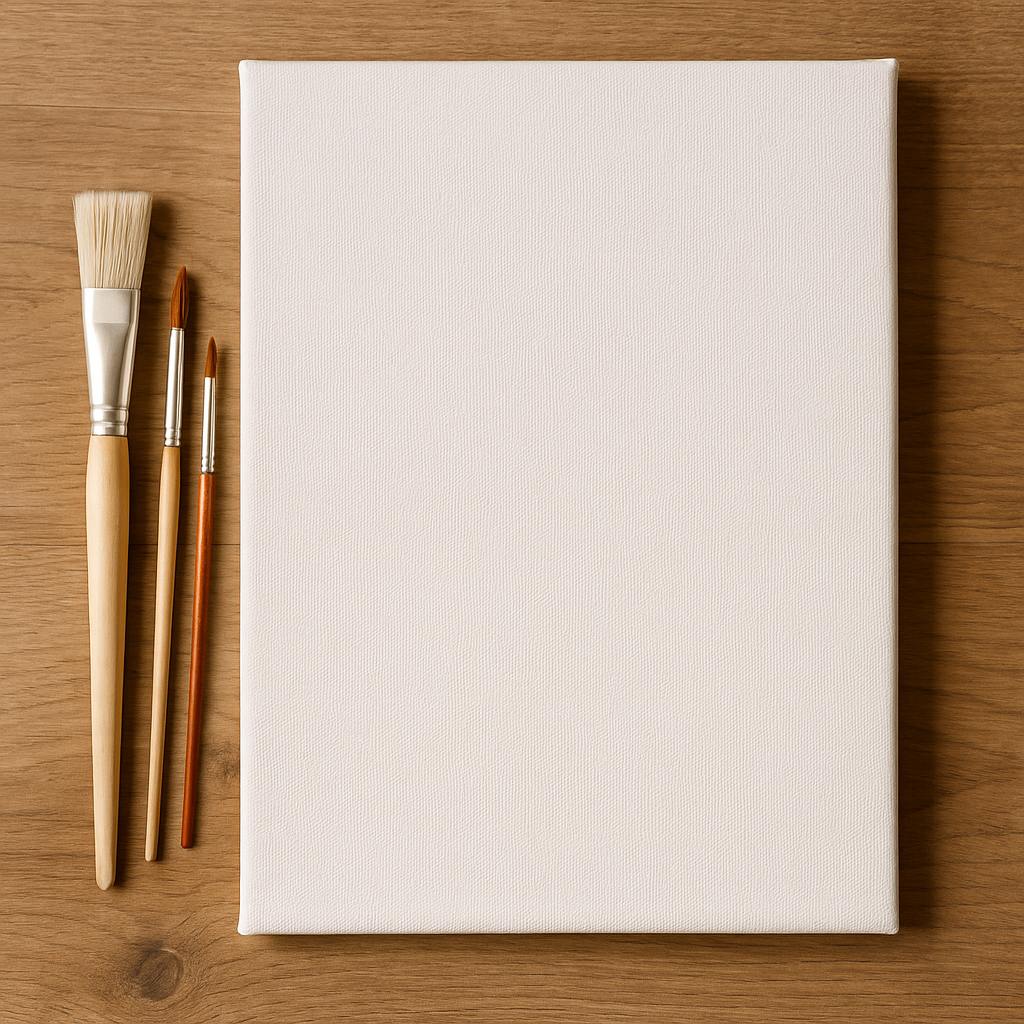 Set of four handmade canvases with different fabric textures, including one black canvas, hanging on a wall in a modern art studio