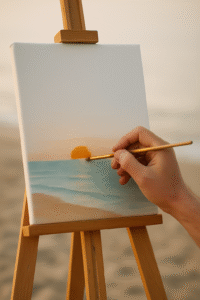 Artist painting a sunrise seascape on a white canvas — half-finished artwork showing the sun rising from the sea.