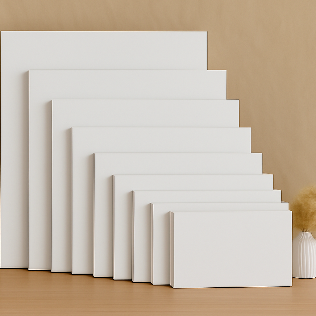 Set of white handmade blank canvases in multiple sizes ready for painting