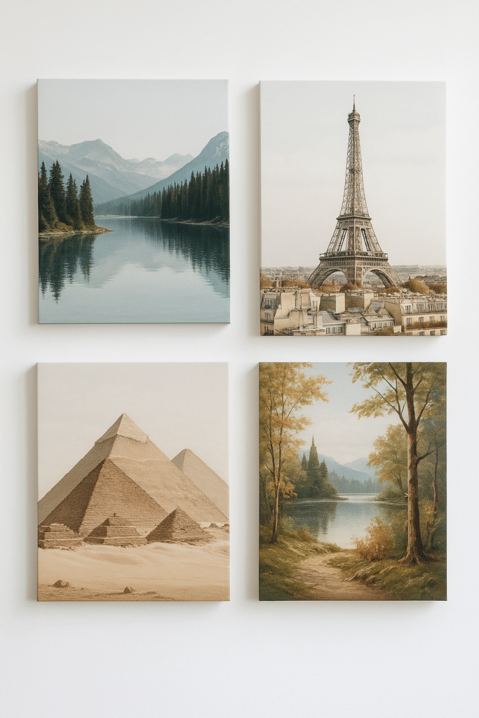 Set of four canvas prints featuring Egyptian pyramids and desert landscape at sunset, modern wall art