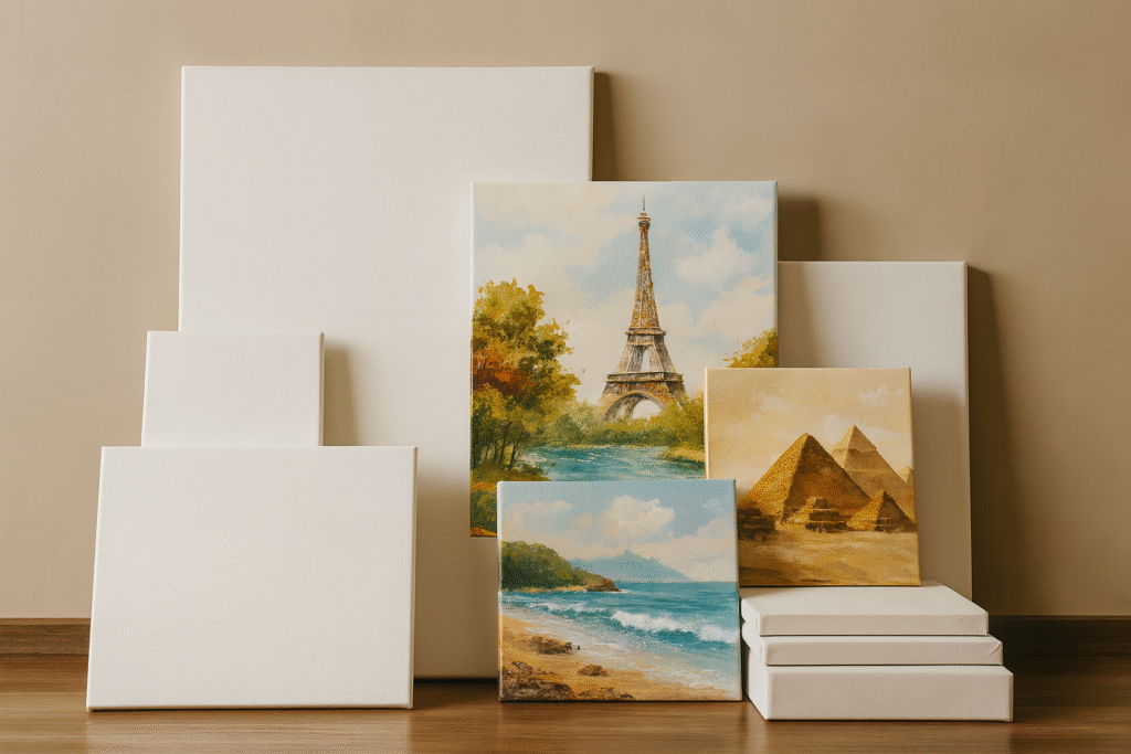 Premium printed canvas artwork featuring the Eiffel Tower and Pyramids, displayed in a modern home setting.