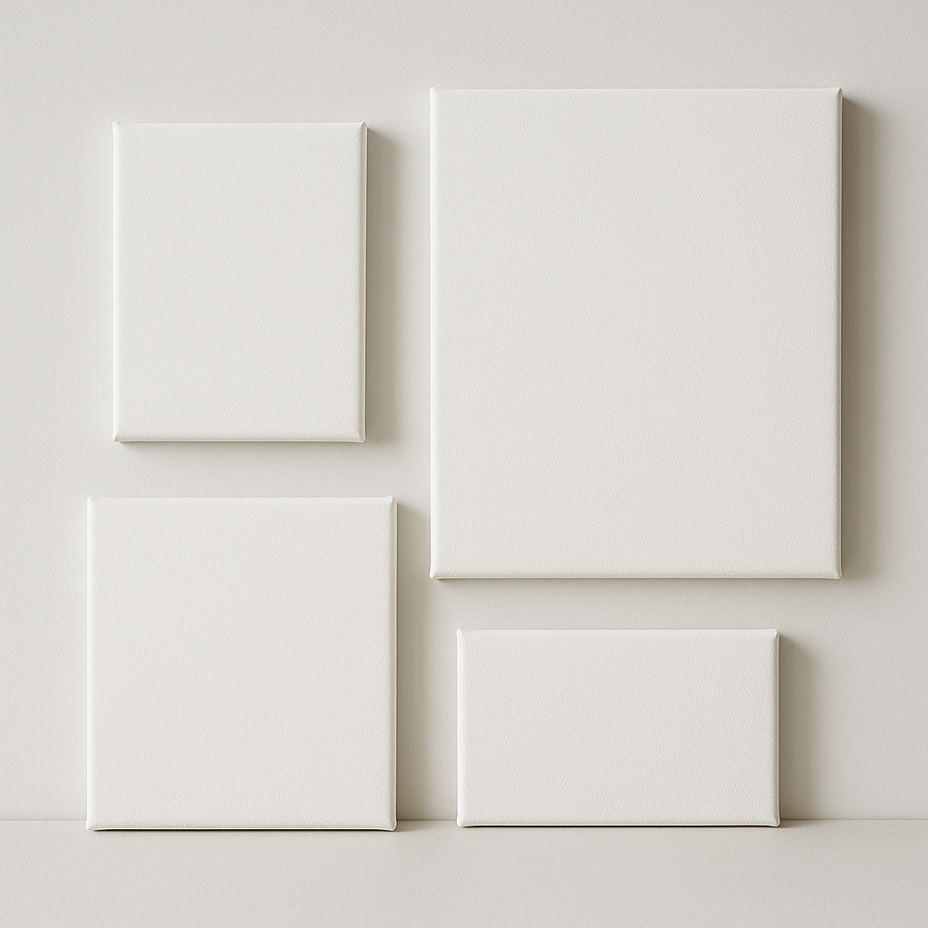 Handmade white cotton canvas in various sizes, perfect for painting and wall art, photographed in a minimalist studio setup