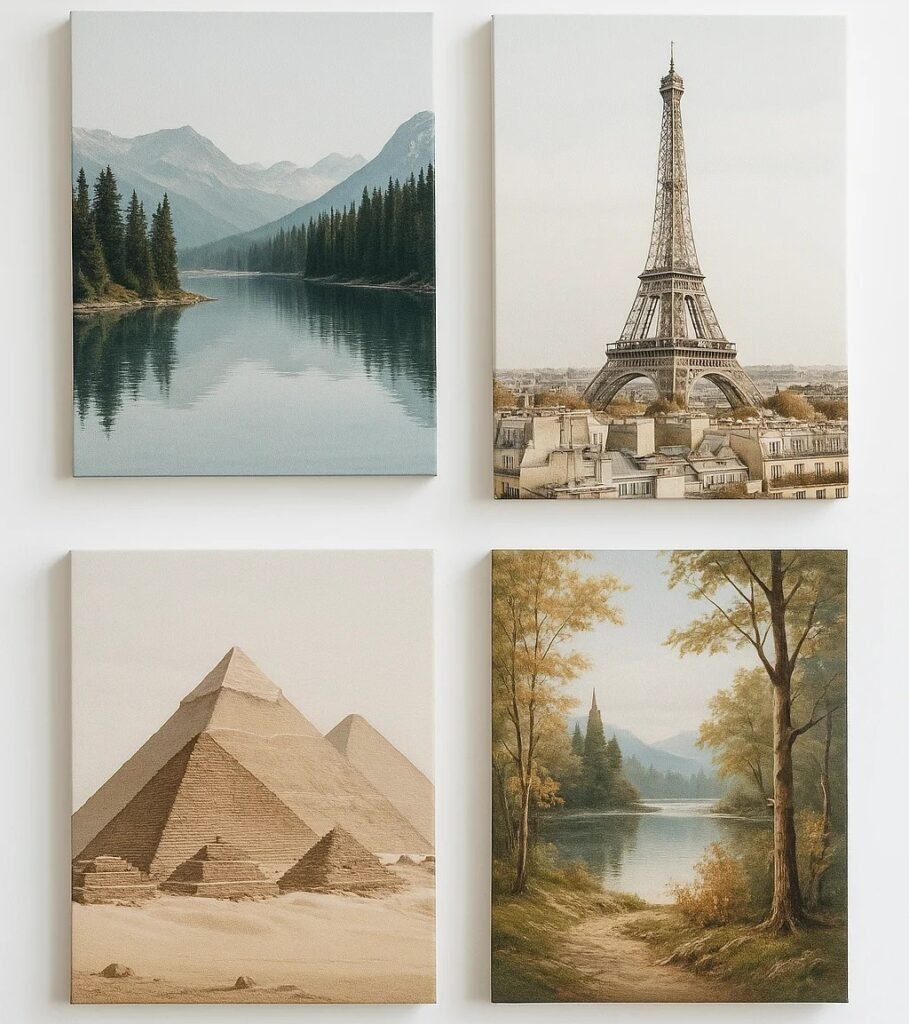 Set of four canvas prints featuring Egyptian pyramids and desert landscape at sunset, modern wall art