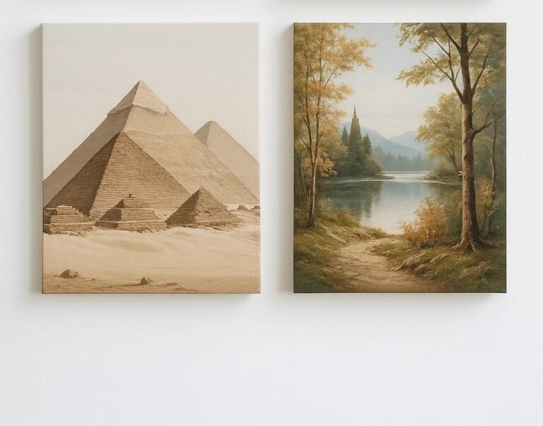 Set of four canvas prints featuring Egyptian pyramids and desert landscape at sunset, modern wall art