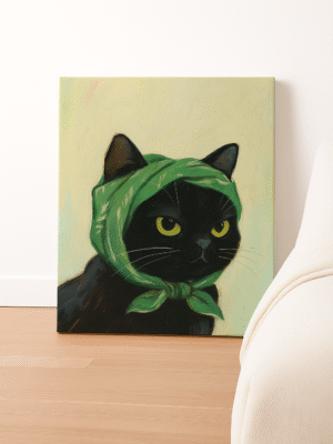 Black Cat with Green Scarf – Handmade Canvas