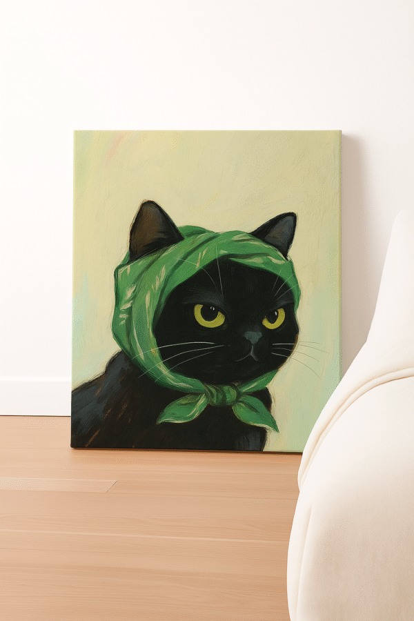 Black Cat with Green Scarf – Handmade Canvas