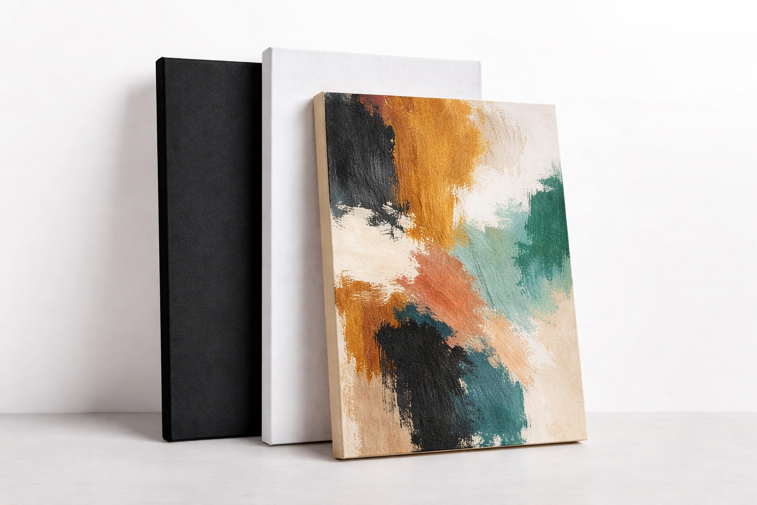 Three canvases leaning together: a blank white canvas, a blank black canvas, and a handmade abstract painted canvas on wooden frames